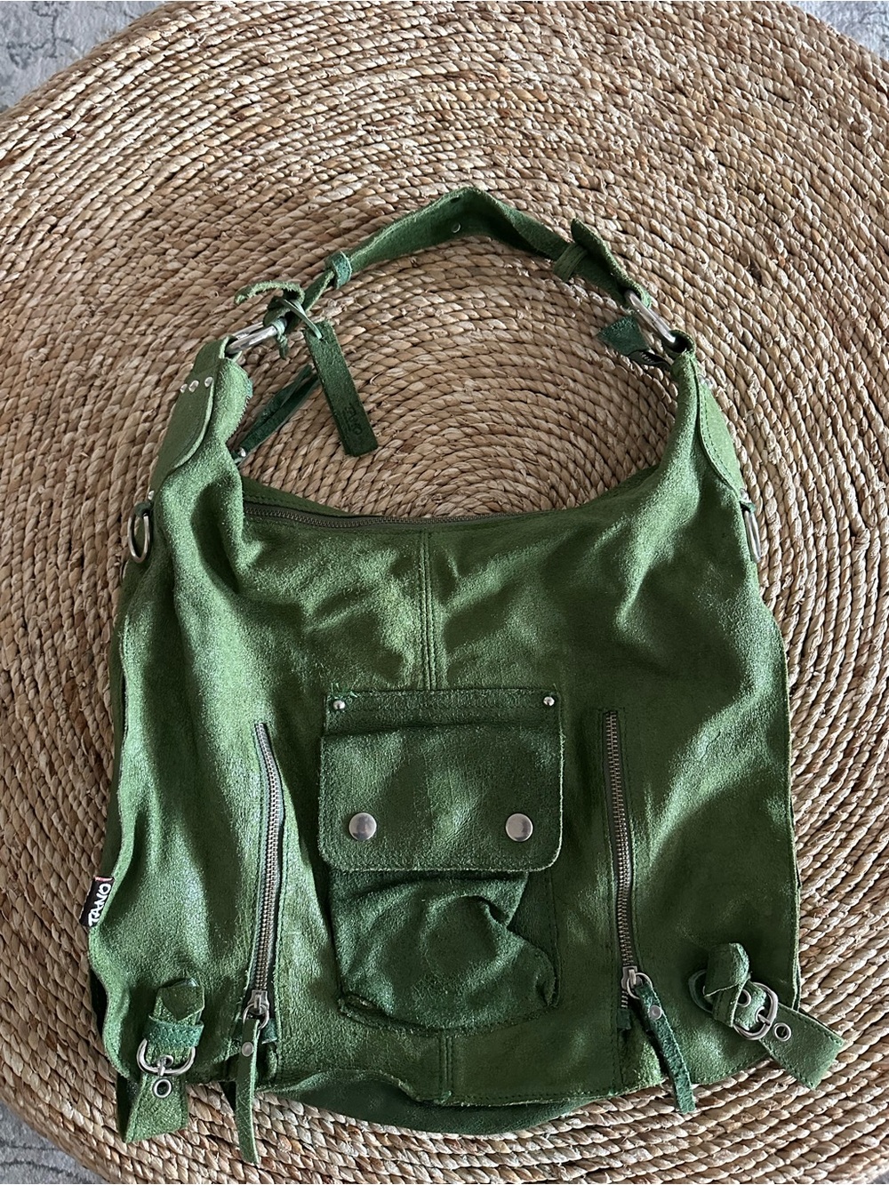 Rare vintage Tano distressed suede hobo shoulder bag in olive/grass green